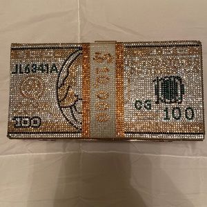 10,000 , 100 Dollar Bill Diamond Clutch With Chain / Crossbody Clutch .